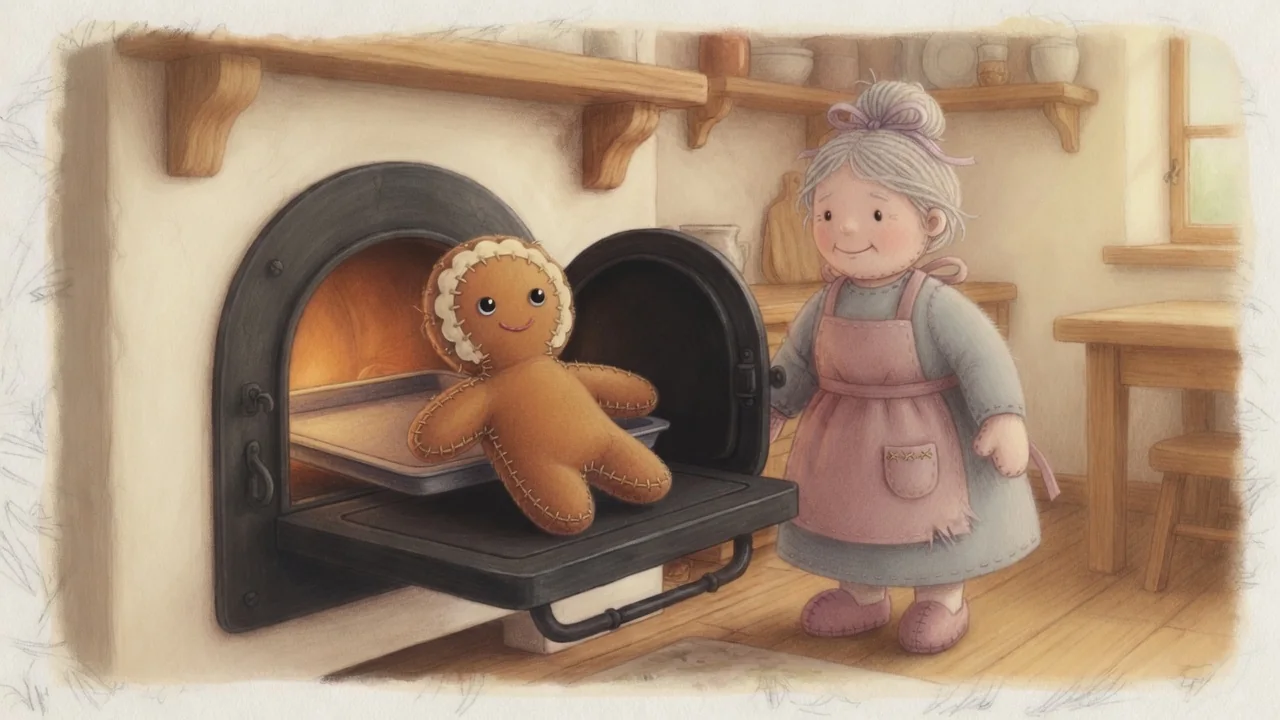 The gingerbread boy emerges from the open cottage oven.