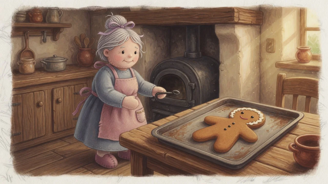 The little old woman stands beside gingerbread-boy dough on a baking tray.
