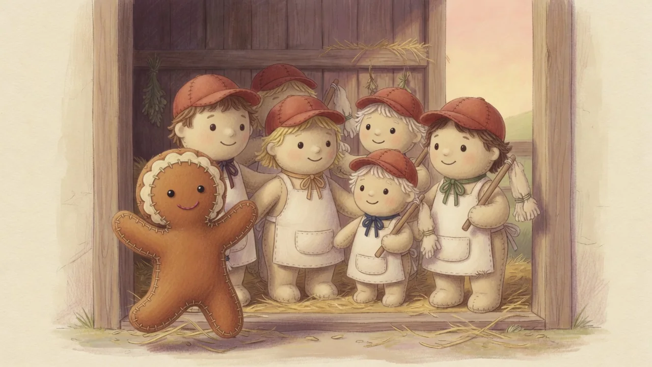 The gingerbread boy calls out to threshers beside a barn.