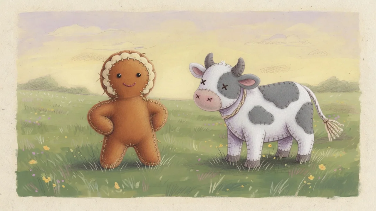 The gingerbread boy stands near Cow.