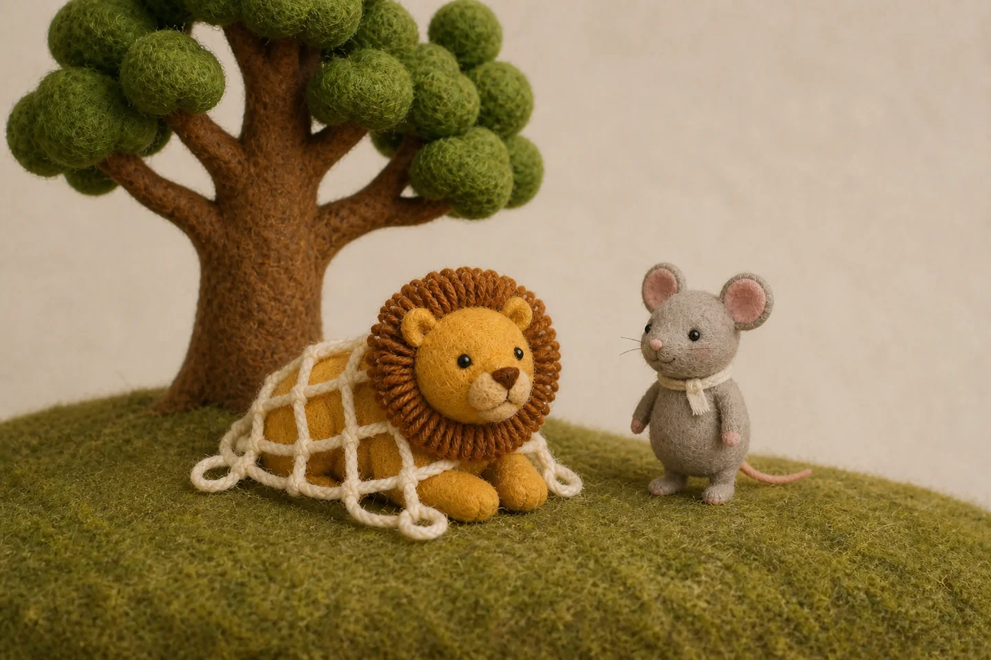 Mouse finds Lion caught beneath a rope net.