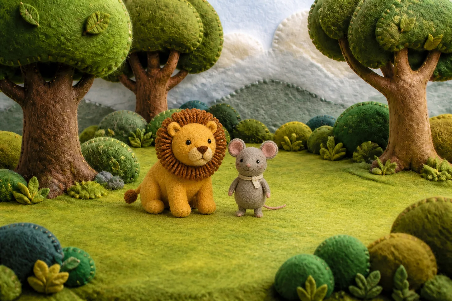 Lion and Mouse sit close together in the forest.