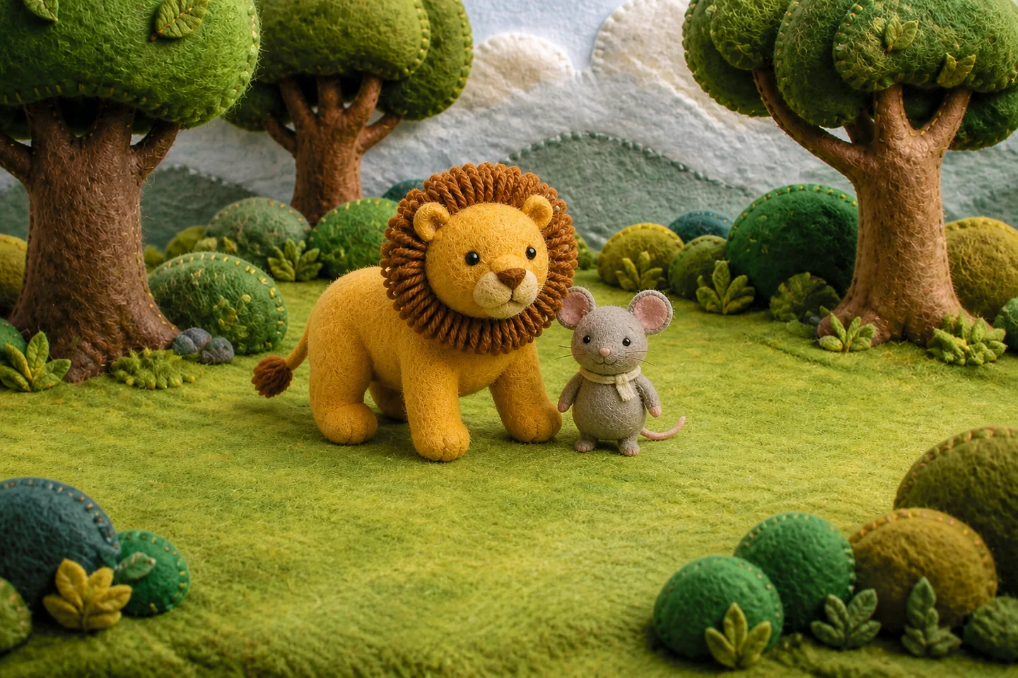 Lion stands beside Mouse with one paw near him.