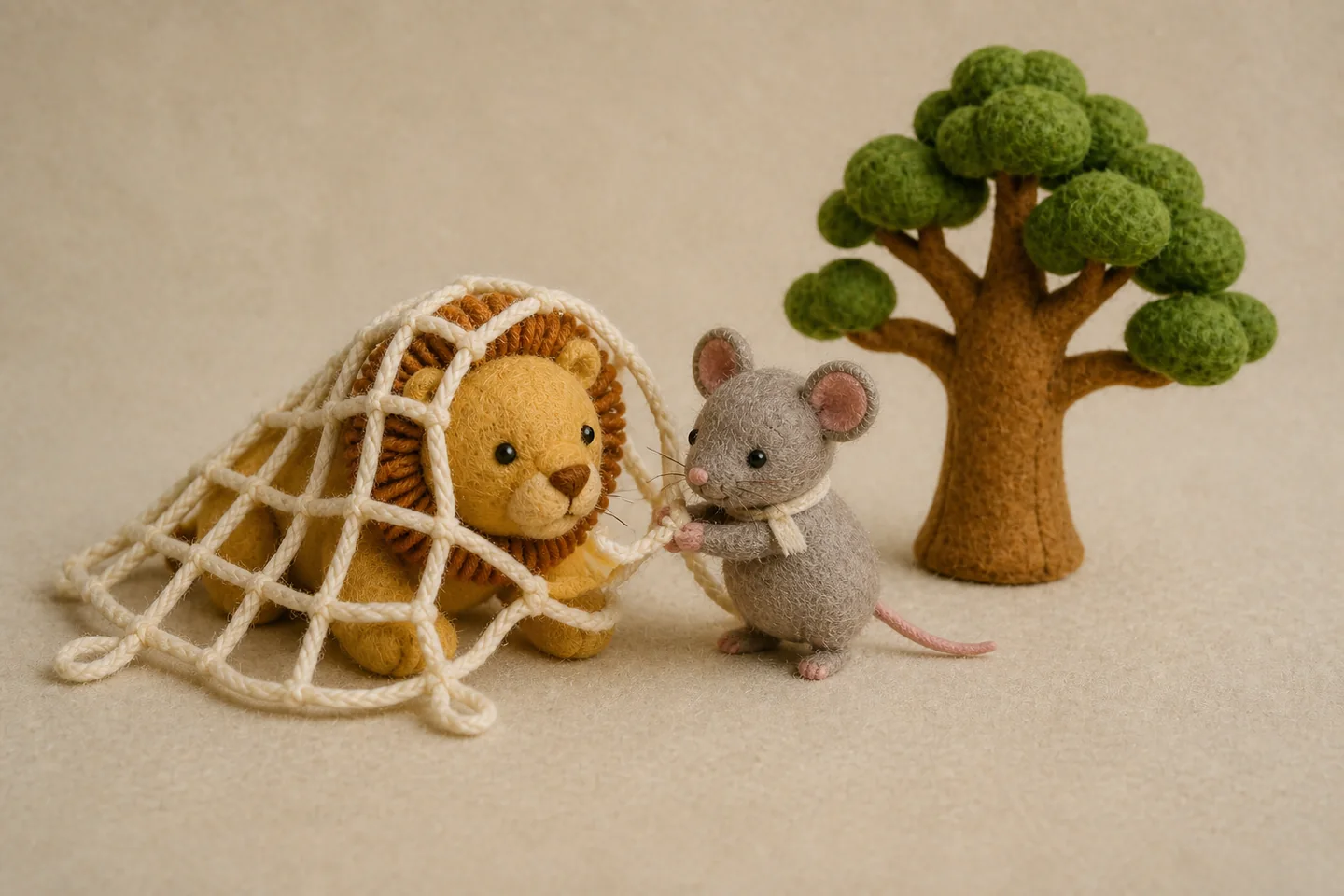 Mouse chews the rope net beside Lion.