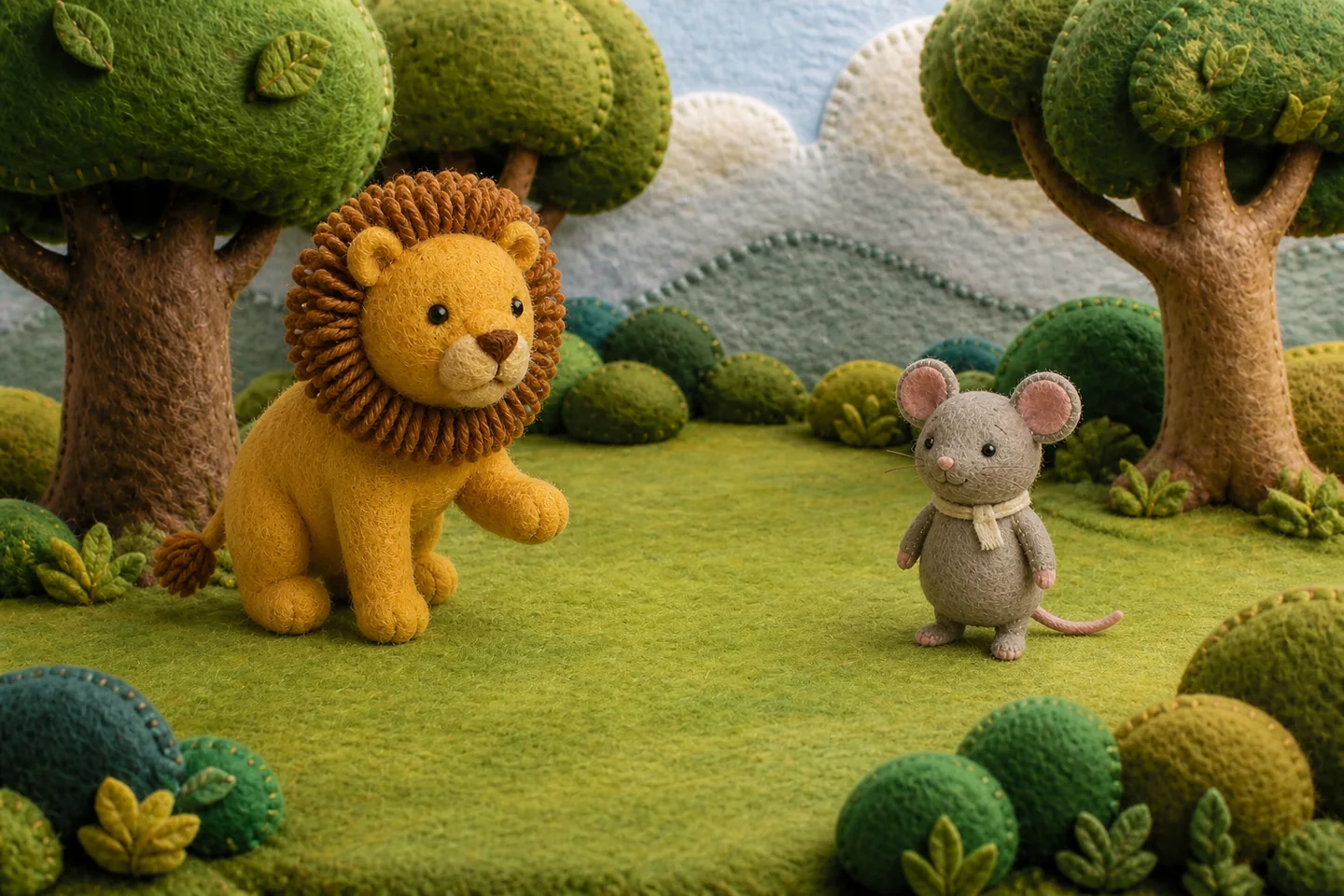 Lion raises his paw as Mouse stands free on the grass.