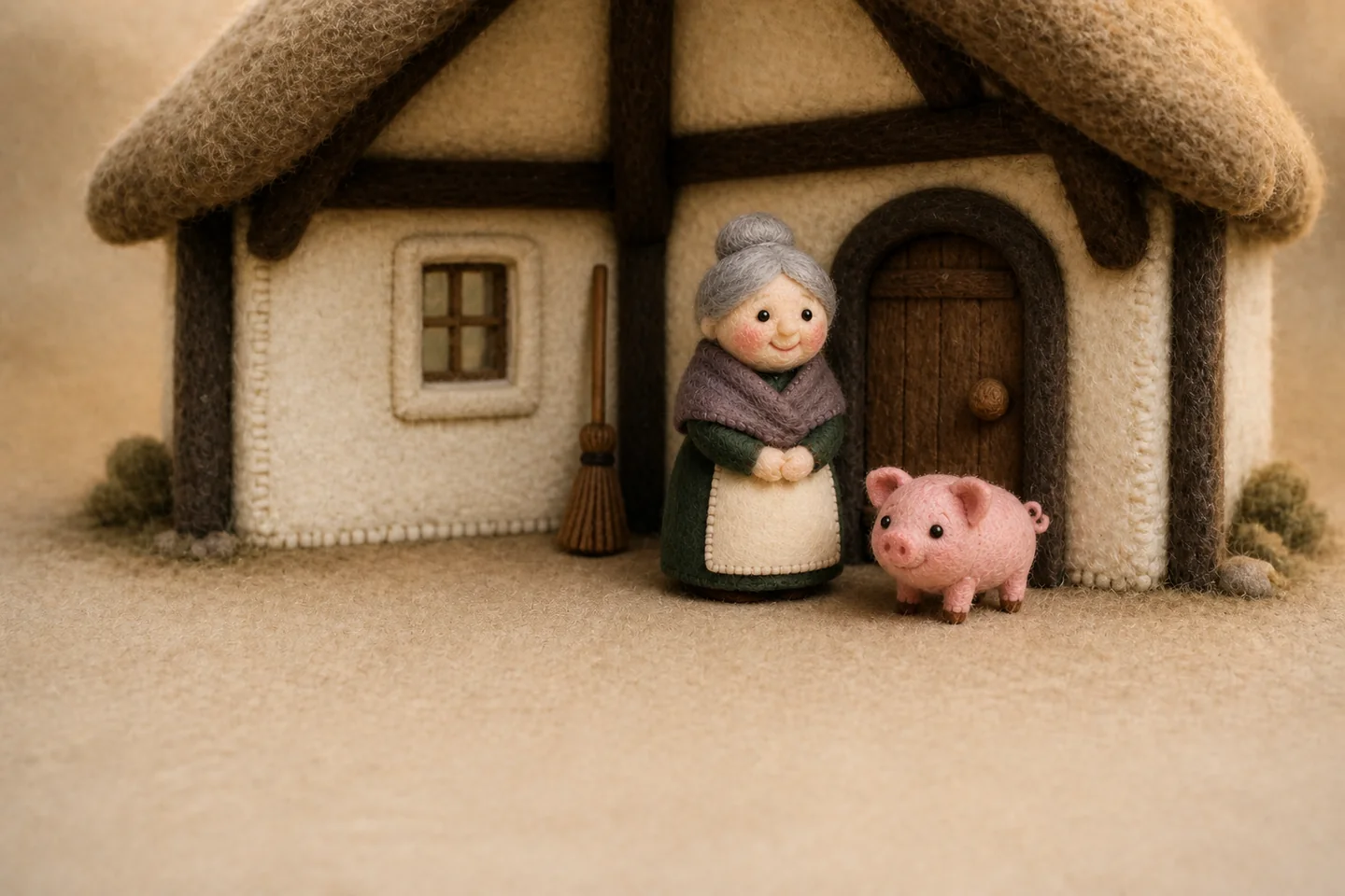 The old woman and her pig arrive home at the cottage.