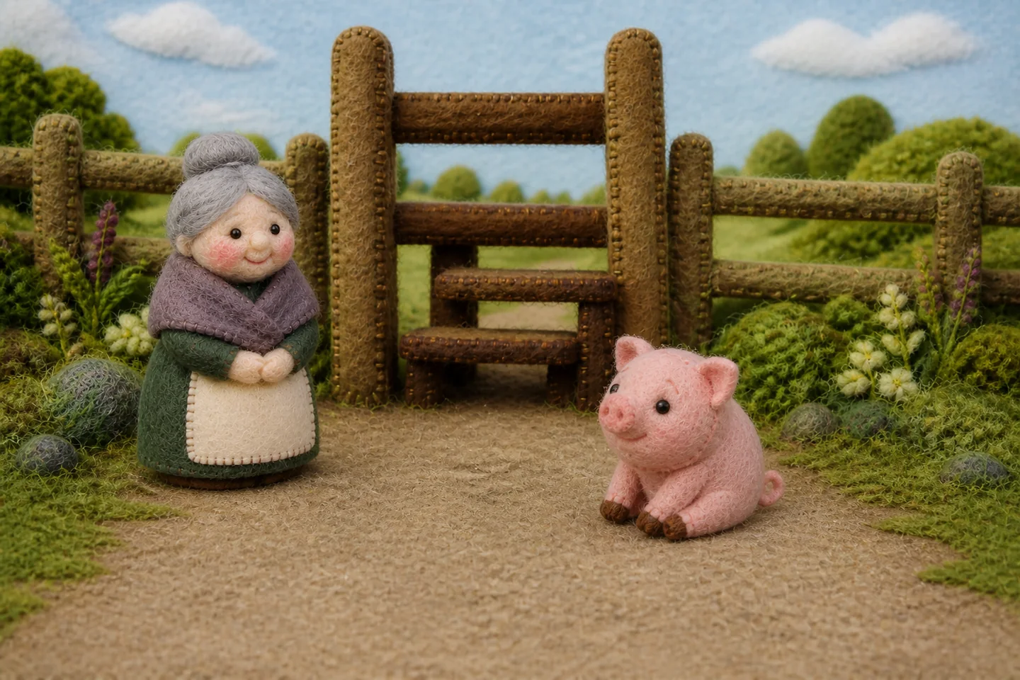 The old woman waits beside the pig and a wooden stile.