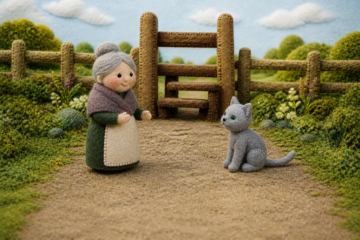 The old woman asks Cat for help beside the stile.