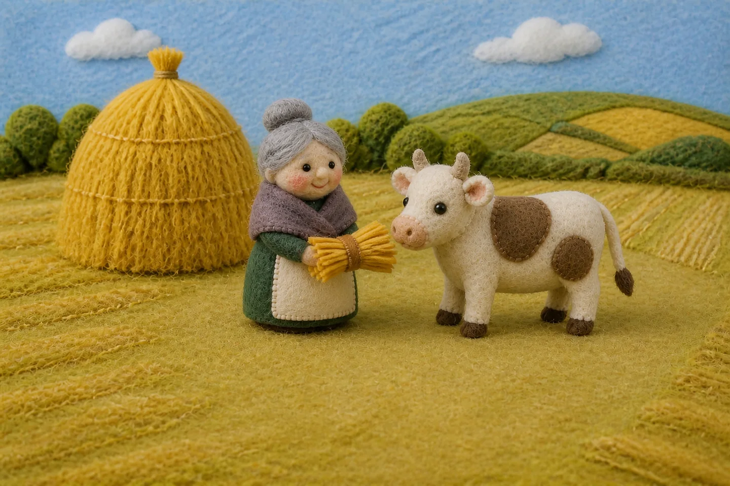 The old woman offers a handful of hay to Cow.