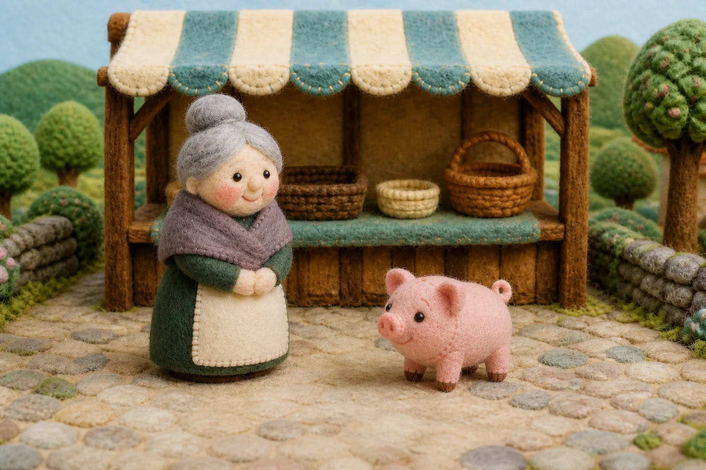 The old woman stands with her little pig at the market.