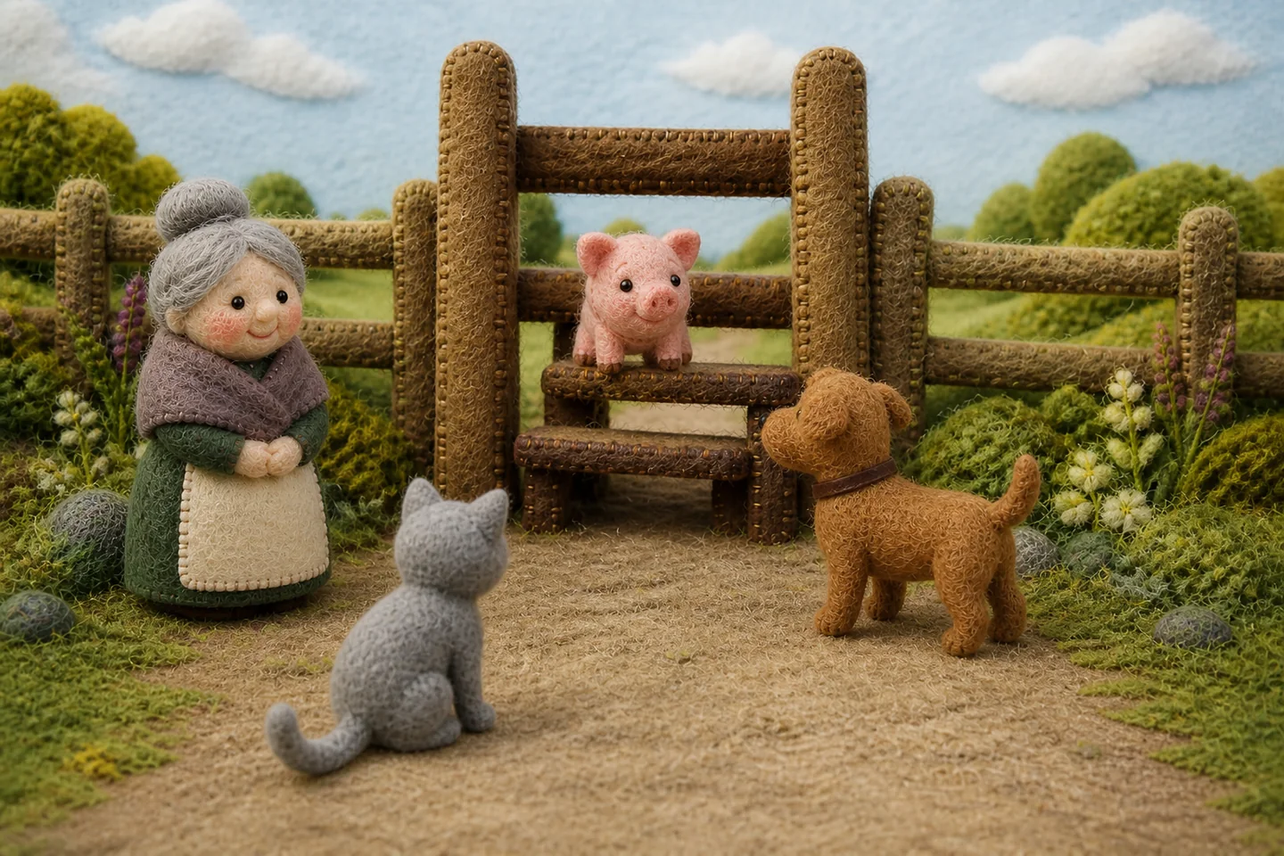 Cat and Dog gather beside the pig and the old woman at the stile.