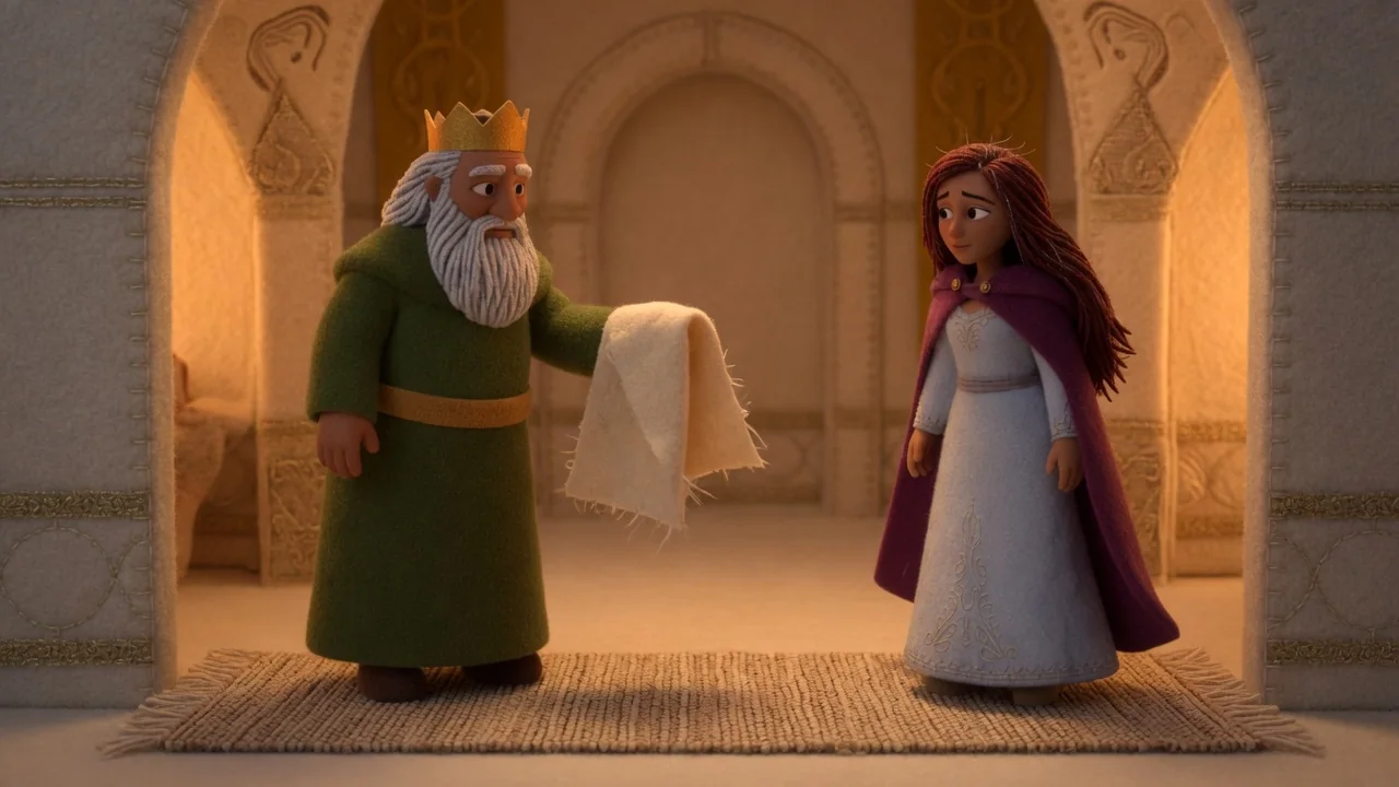 The king welcomes the wet princess into the warm palace.
