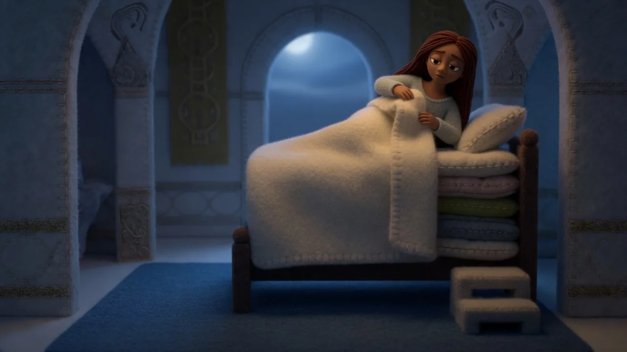 The princess sits awake in the moonlit bedroom.