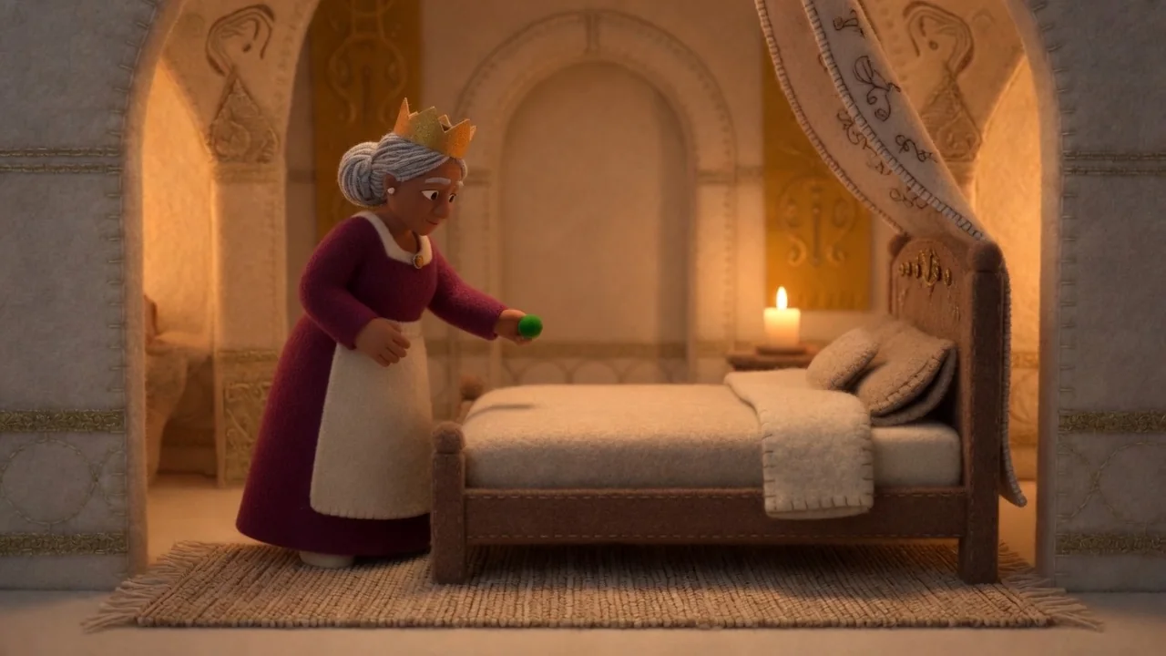 The queen holds a single green pea beside the bare bedstead.