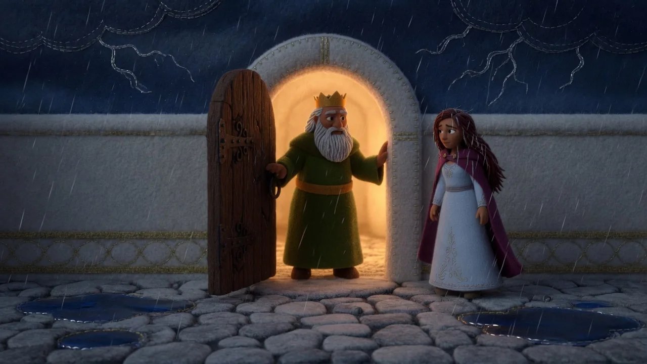 The king opens the city gate and warm palace light reaches the rainy threshold.