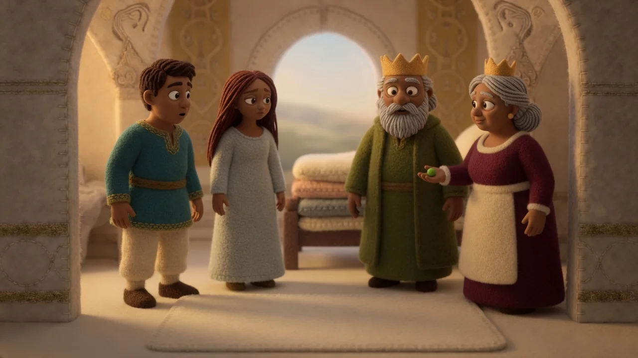 The royal family gathers around the queen and the tiny pea.