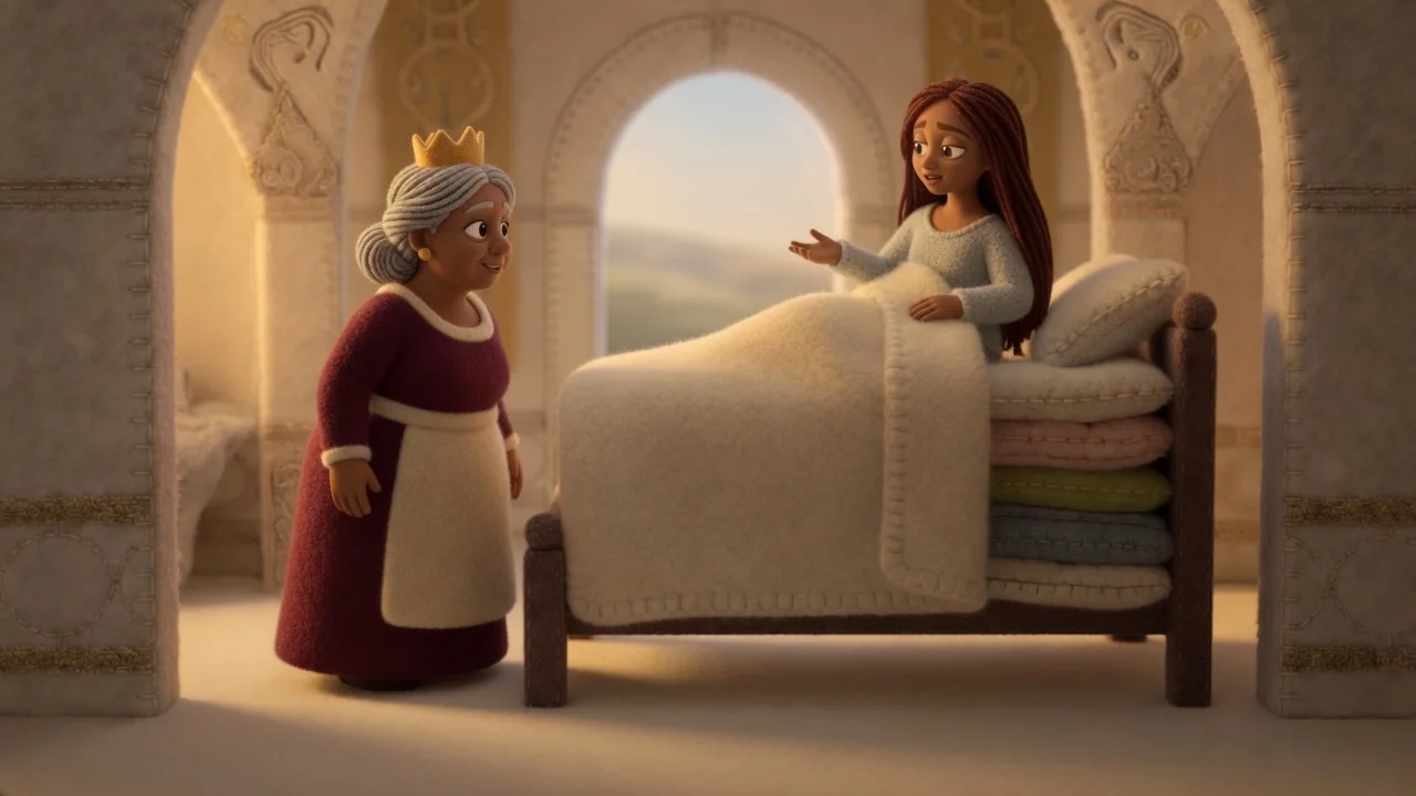 The princess explains her restless night while the queen listens.