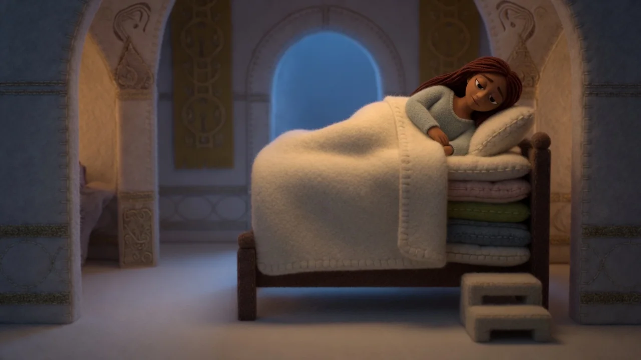 The princess lies beneath a cover on top of a tall pile of bedding.