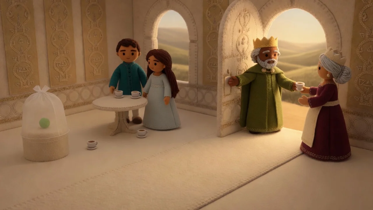 The royal family shares tea in a warm, welcoming palace room.