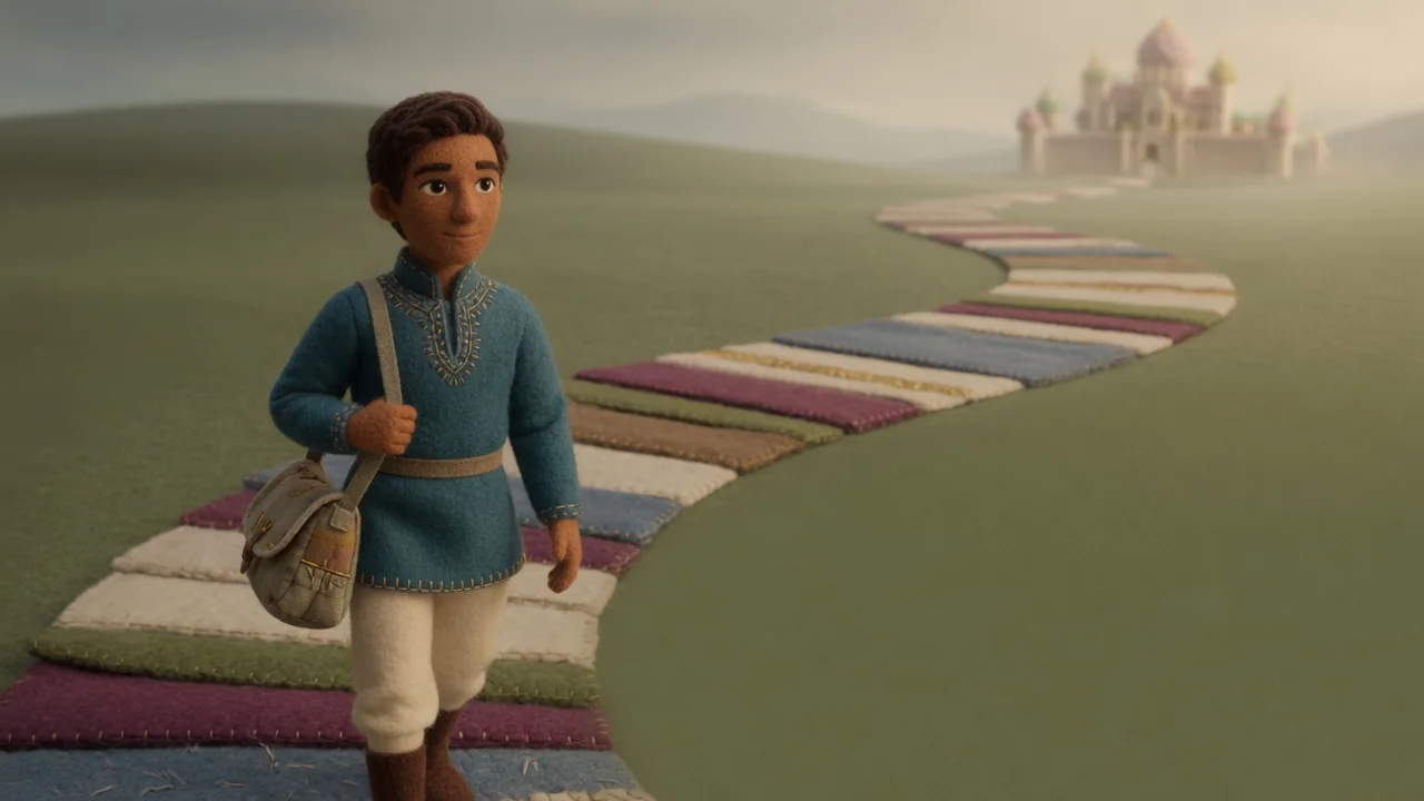 The prince travels along a winding path between distant palaces.