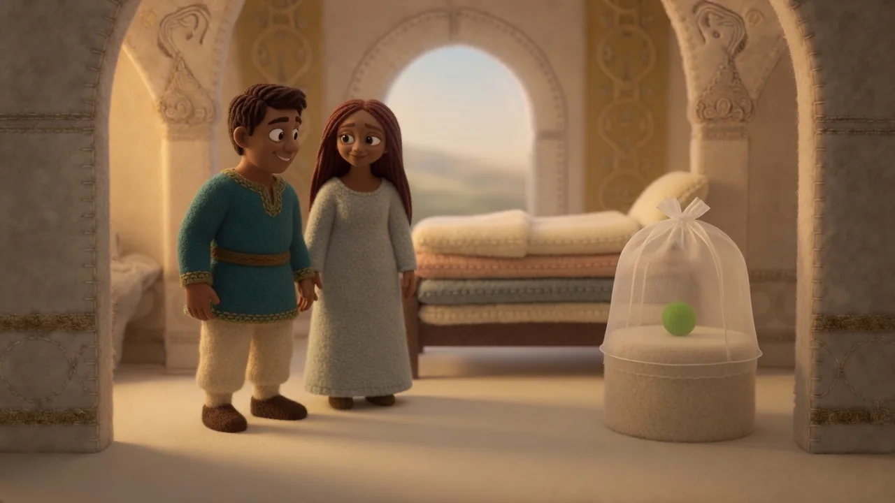The prince and princess stand together beside the pea in its display.