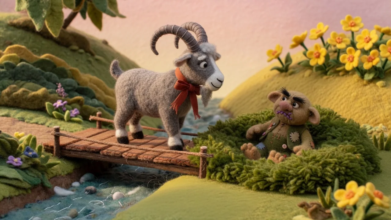 Big Billy Goat Gruff stands on the bridge while the troll sits in soft moss beside the stream.