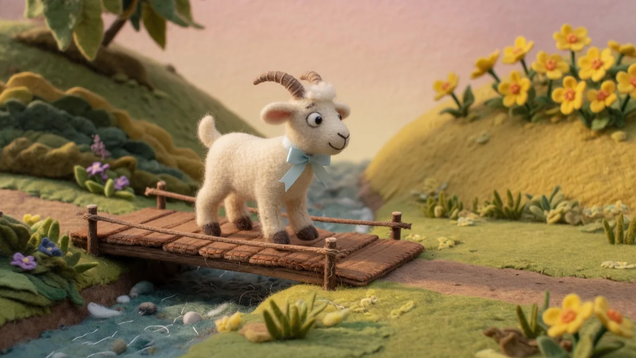Little Billy Goat Gruff steps onto the old wooden bridge.