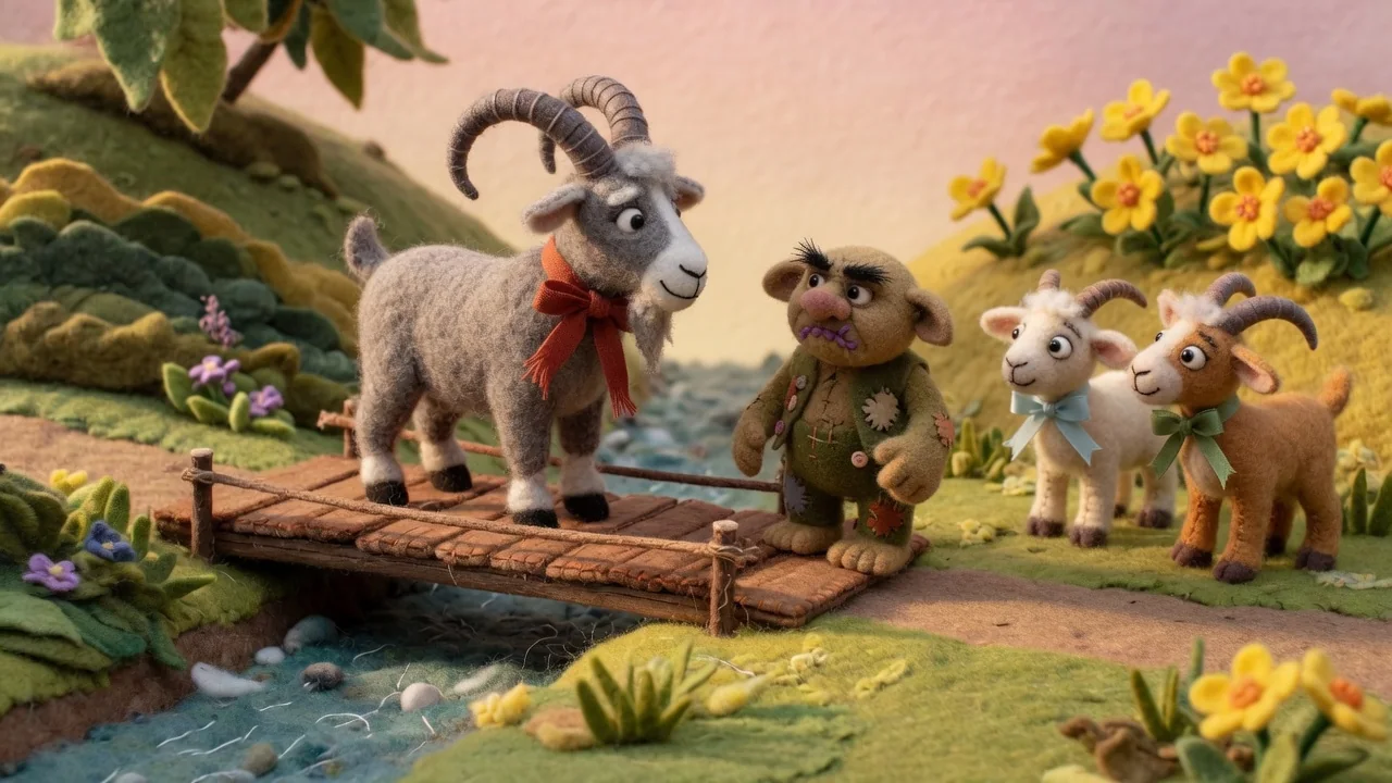 Big Billy Goat Gruff stands firmly in front of the troll.