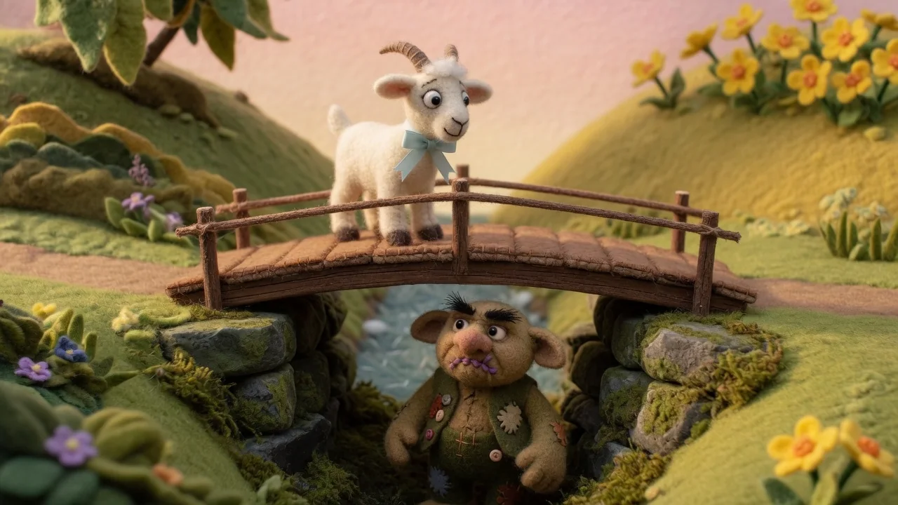 The troll leans towards Little Billy Goat Gruff on the bridge.