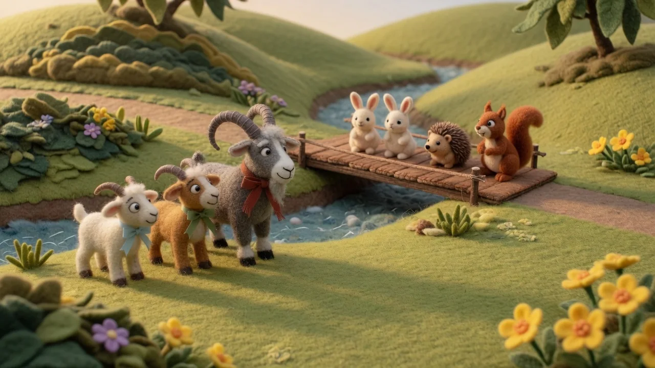 The goats look towards the bridge as woodland animals cross freely.