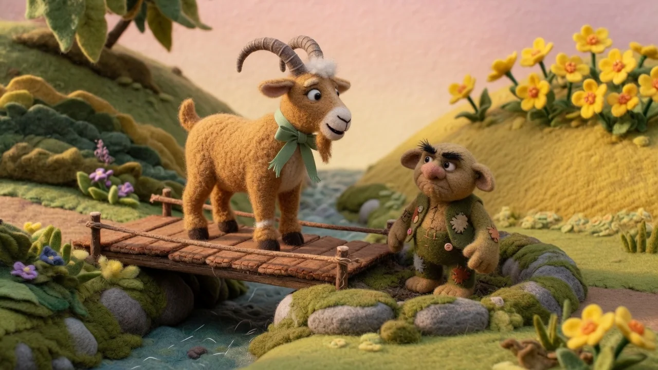 Middle Billy Goat Gruff faces the grumpy troll on the bridge.