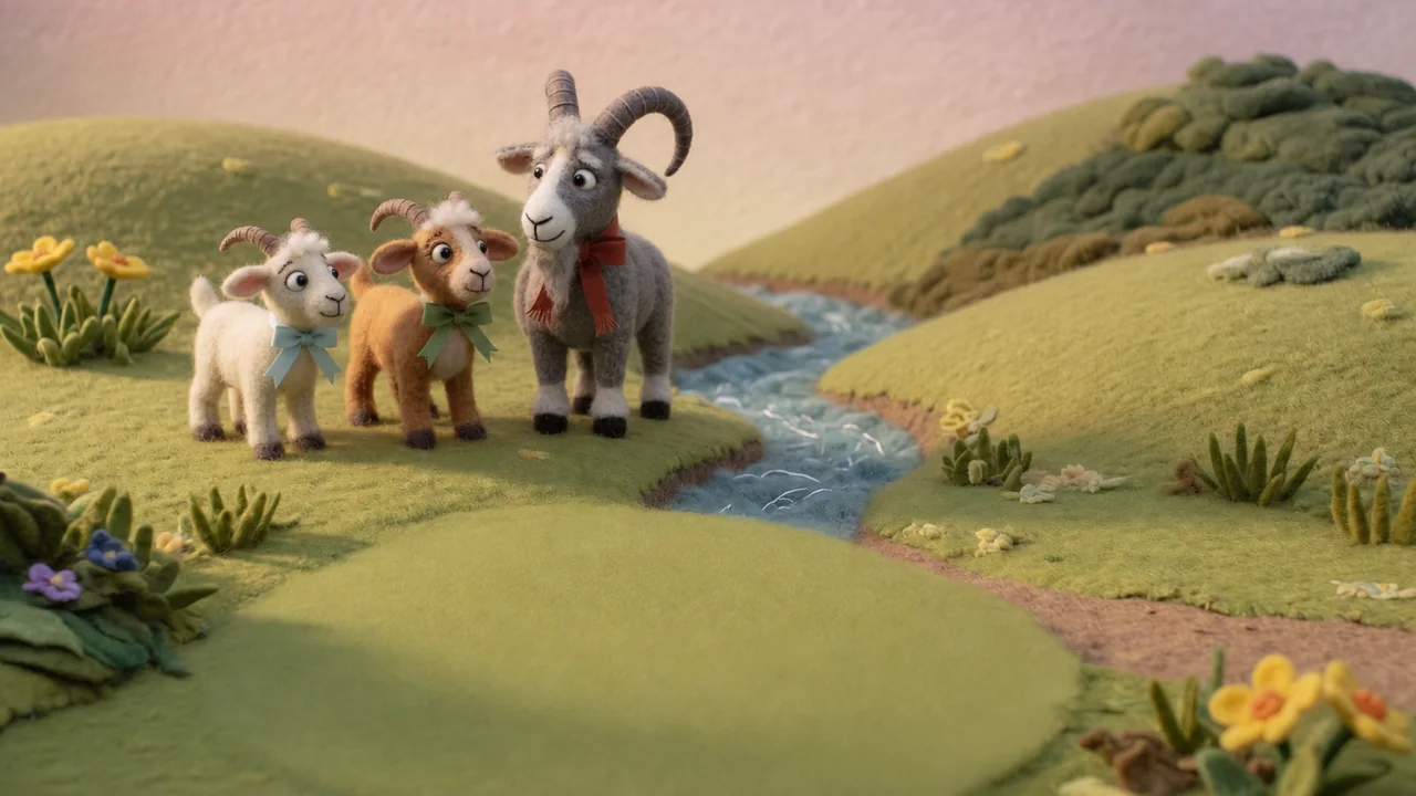 The three size-distinct billy goats stand together in their quiet valley.