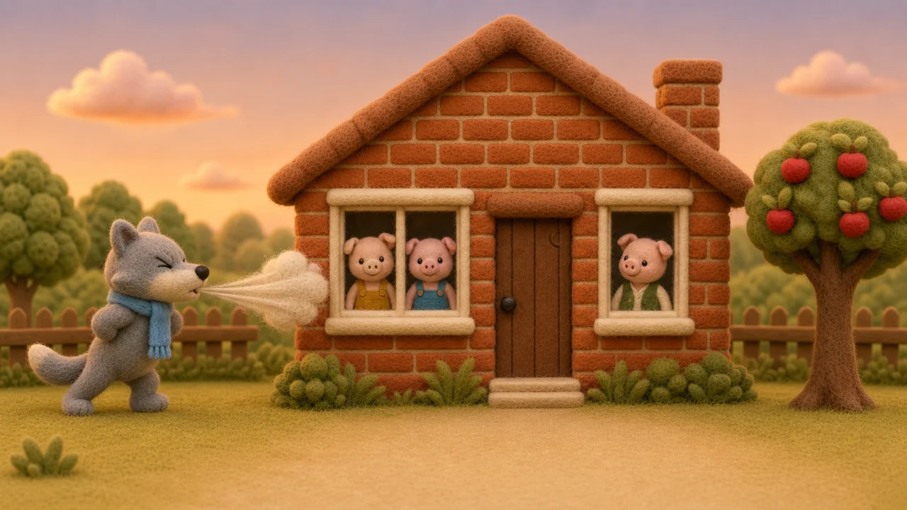 The wolf huffs and puffs outside the sturdy brick house.