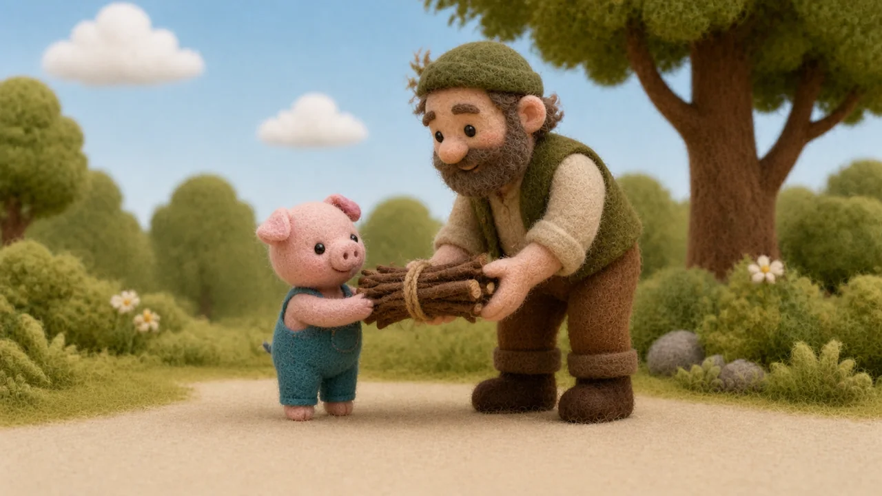 The second little pig receives sticks from the woodcutter.