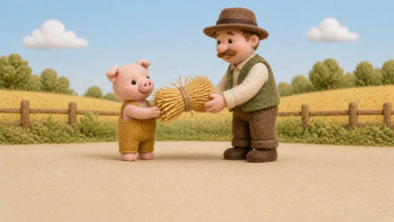The first little pig receives a bundle of straw from the farmer.