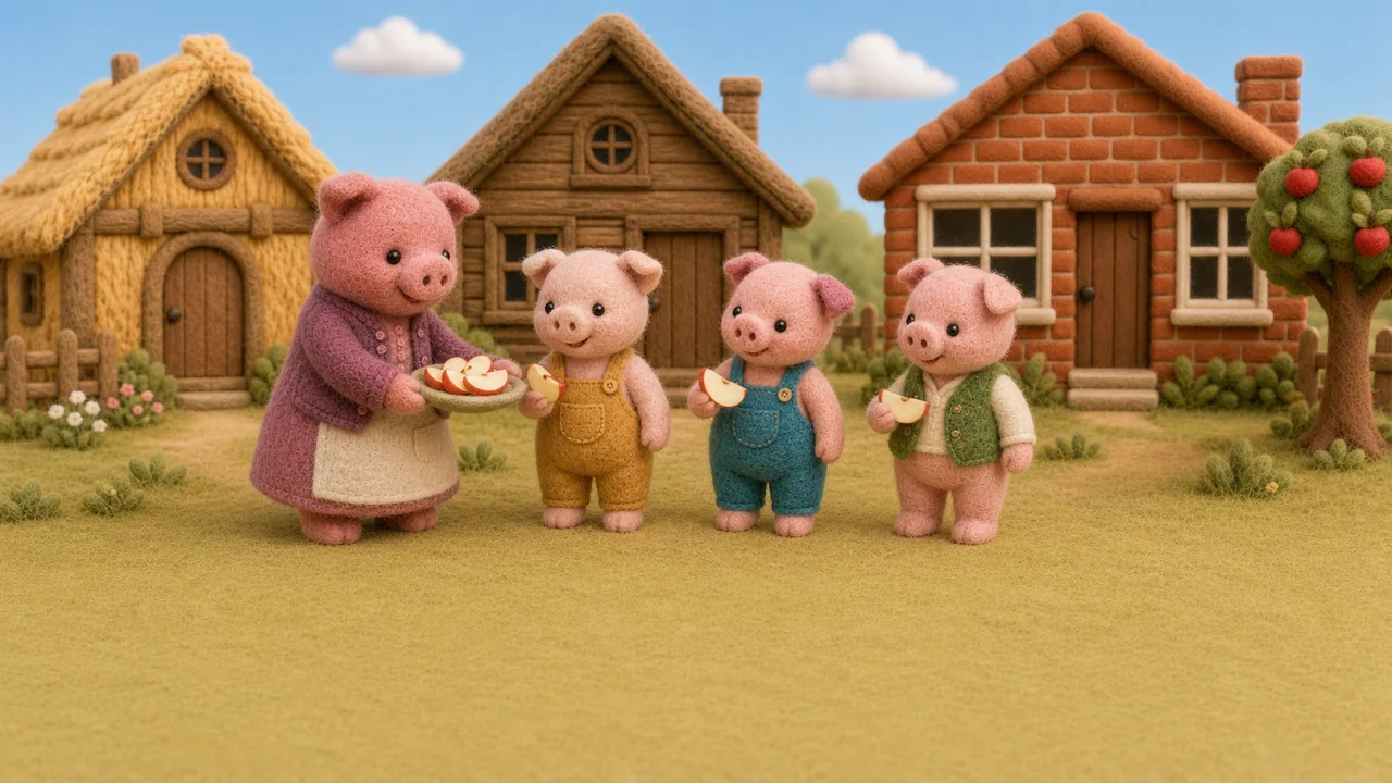 Mother Pig visits her three children outside their homes.