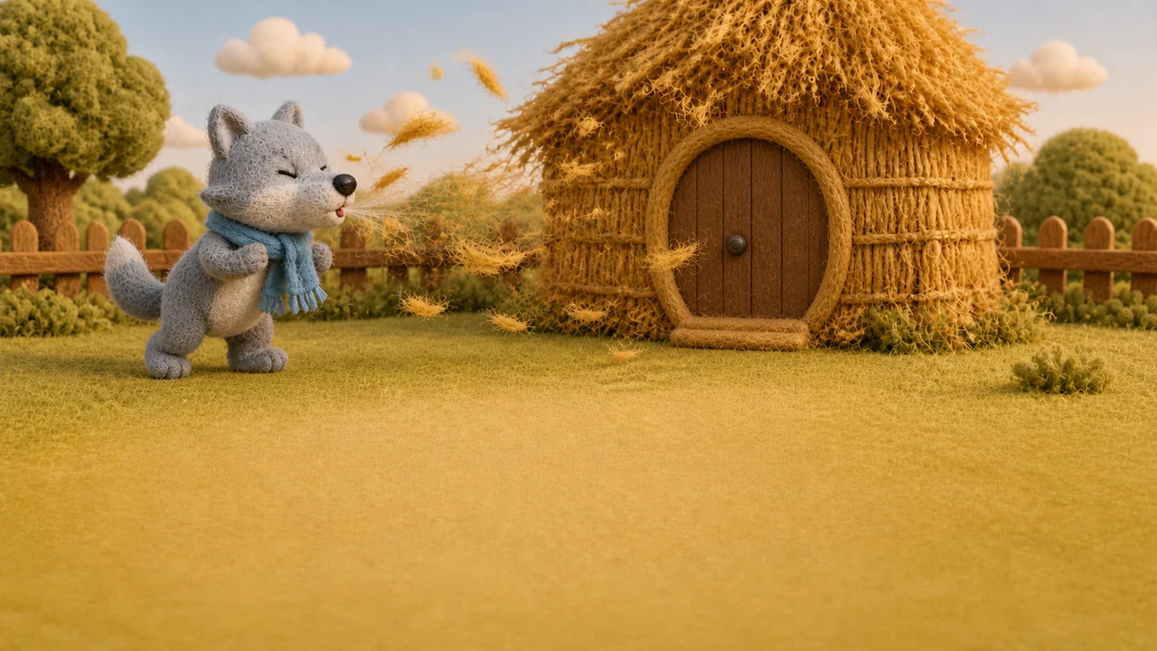 The wolf blows at the straw house and straw flies through the air.