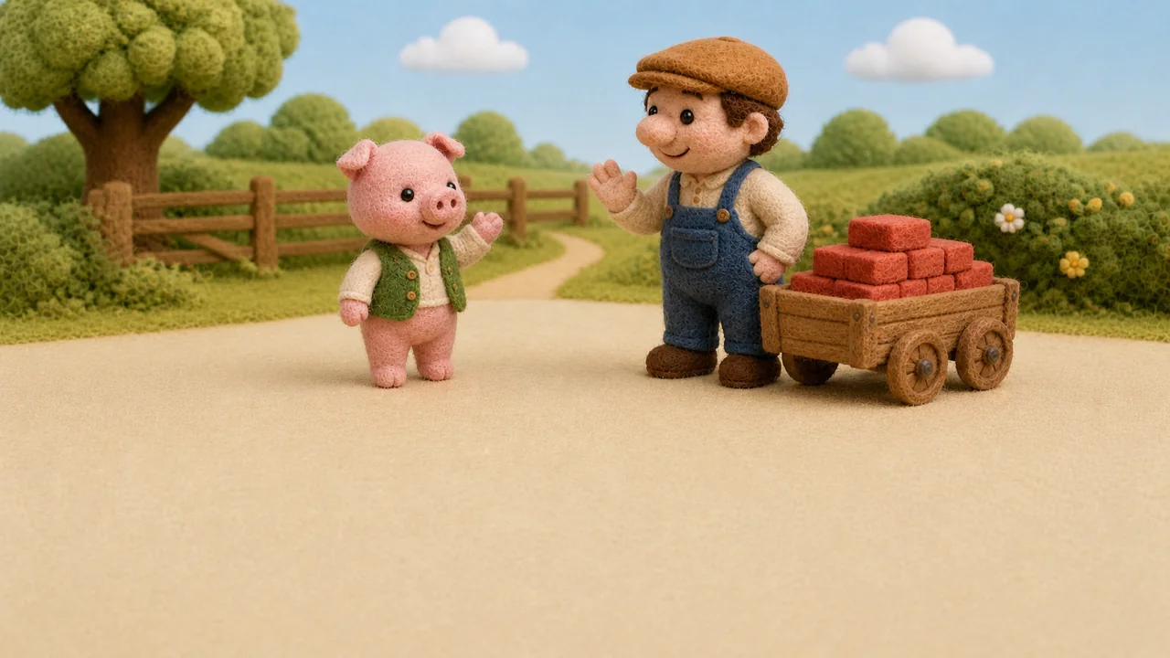 The third little pig meets the builder beside a cart of bricks.