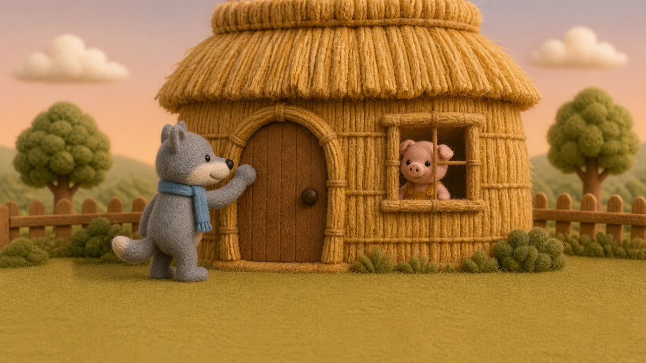 The wolf knocks on the straw house while the first pig stays inside.