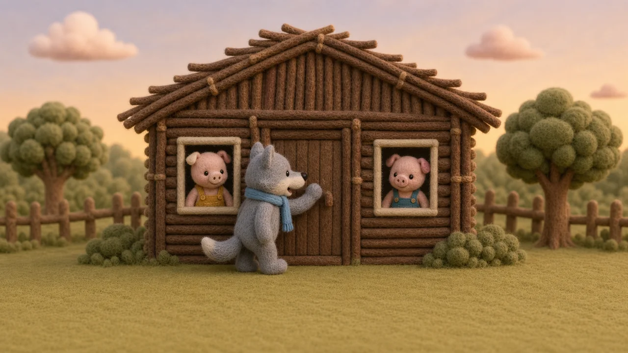The wolf stands outside the stick house with two pigs safe inside.