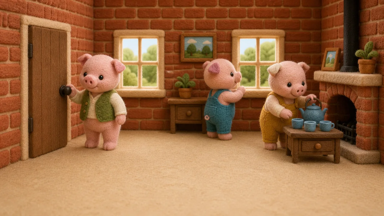 The three pigs gather safely inside the brick house.