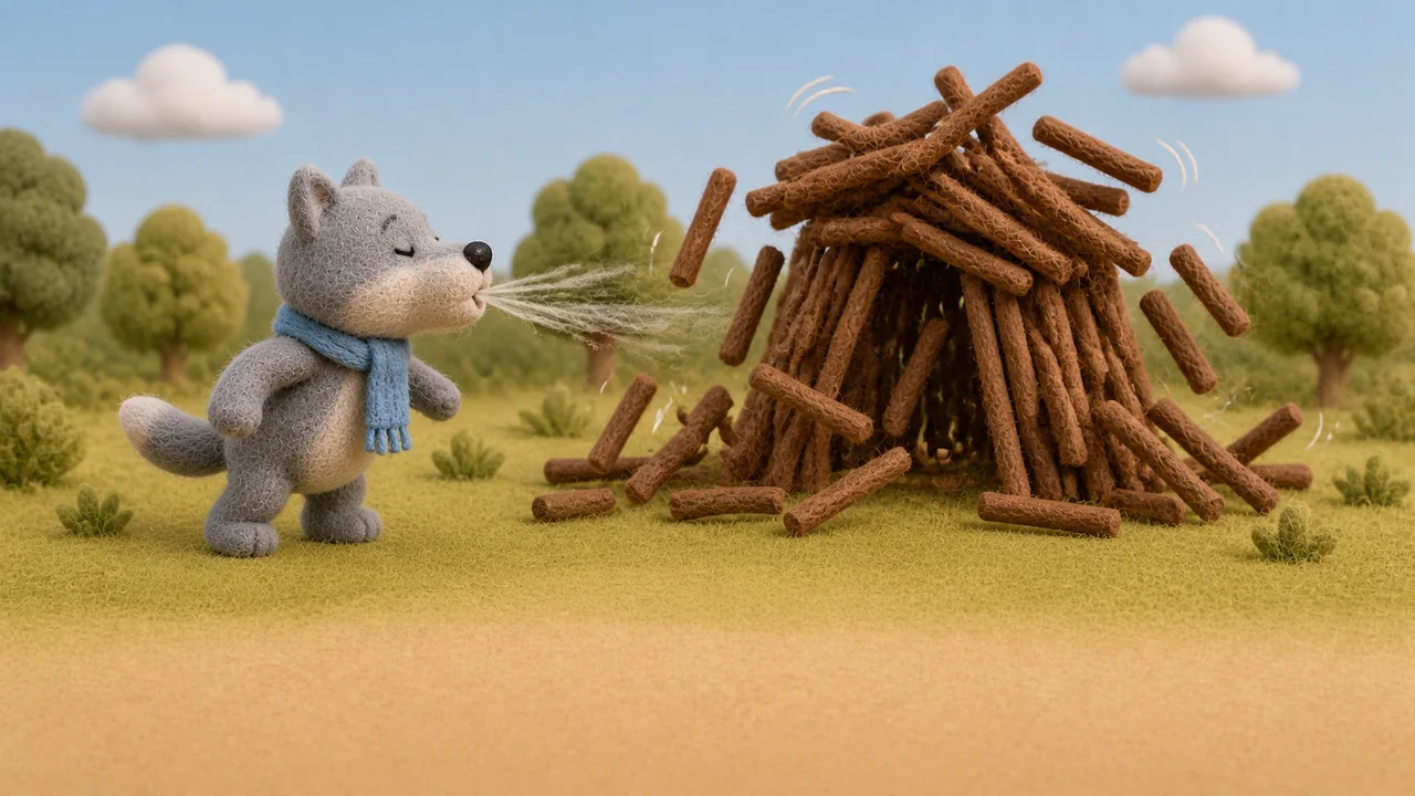 The wolf blows at the stick house as its sticks fall into a scattered heap.