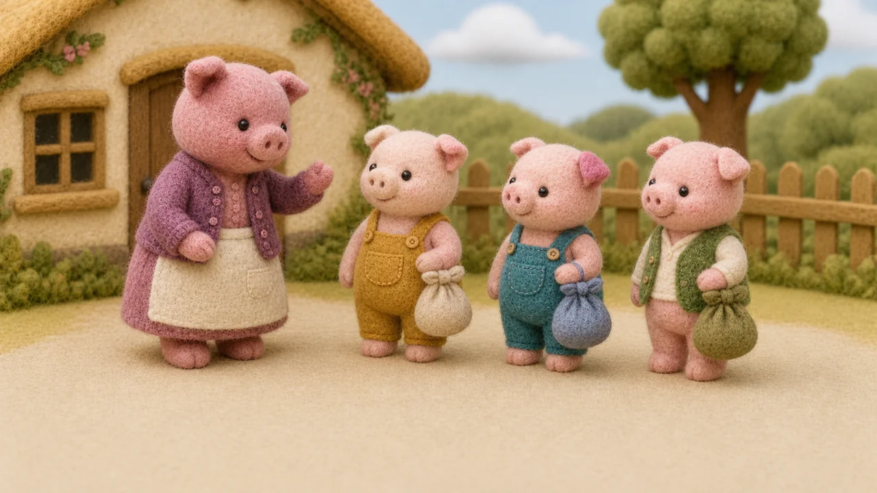 Mother Pig talks to the three young pigs outside their cottage.