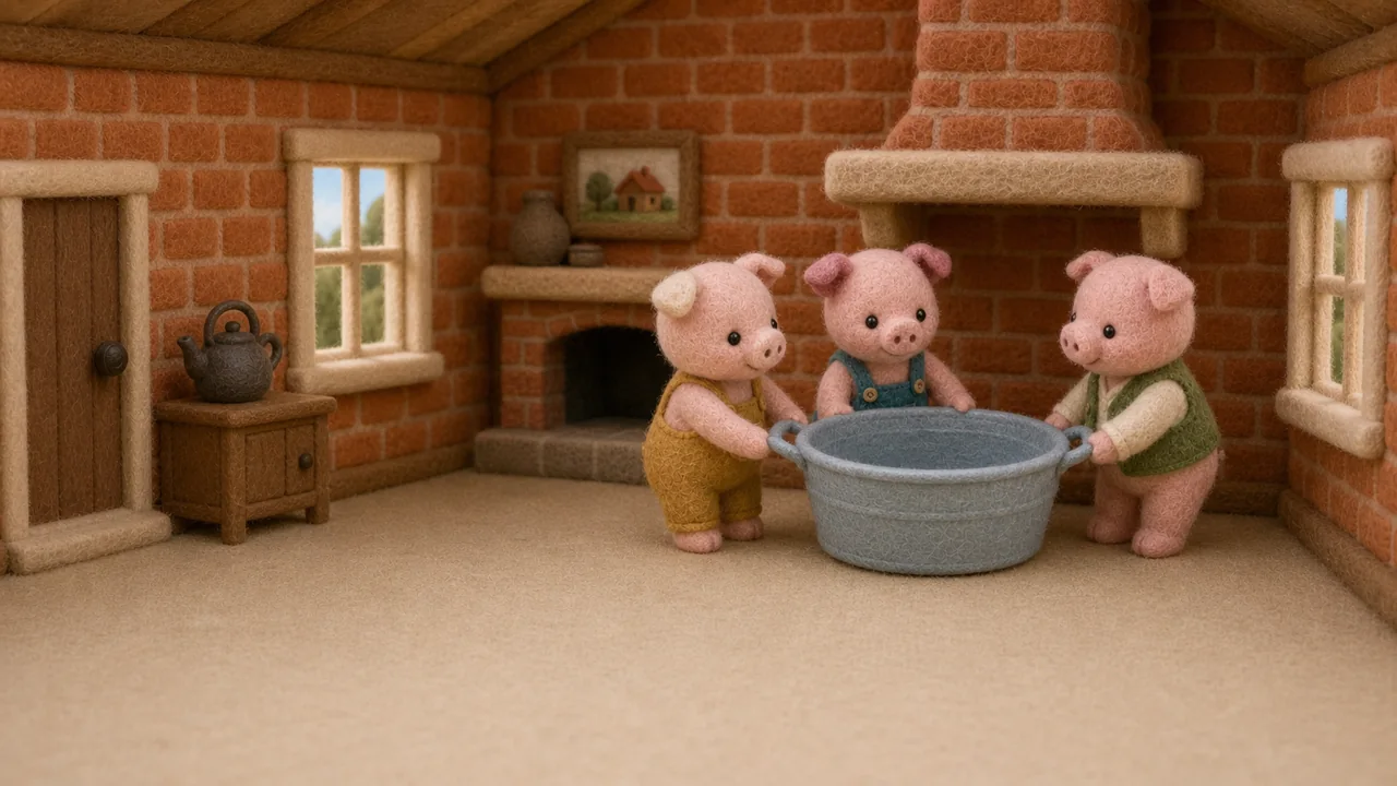 The pigs place an empty tin wash tub beneath the chimney.