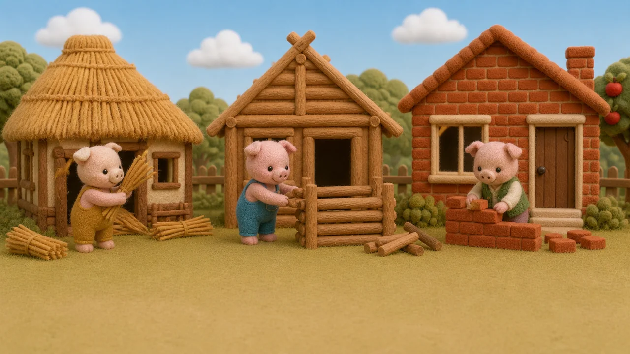 The pigs rebuild strong neighbouring cottages together.