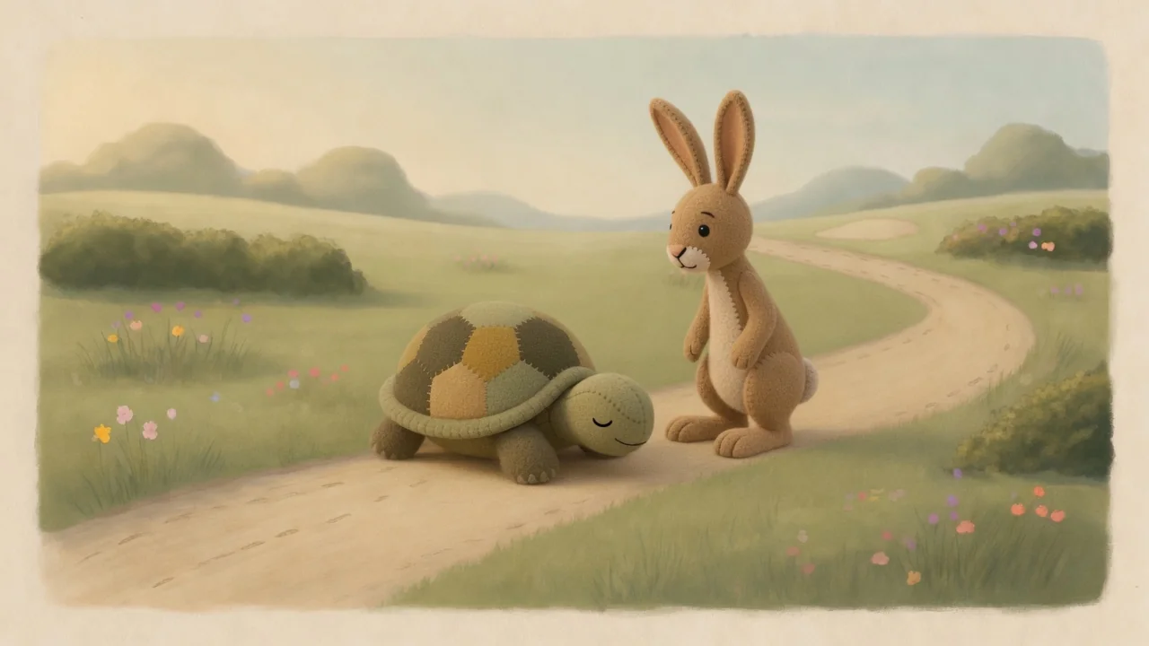 Hare stands beside the resting Tortoise at the goal in the peaceful meadow.