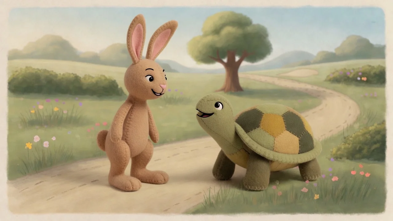 Tortoise calmly faces Hare and proposes a race.