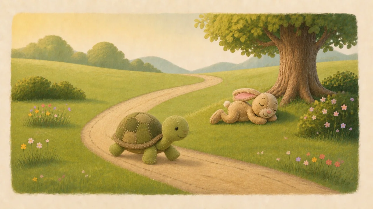 Tortoise passes the sleeping Hare without stopping.