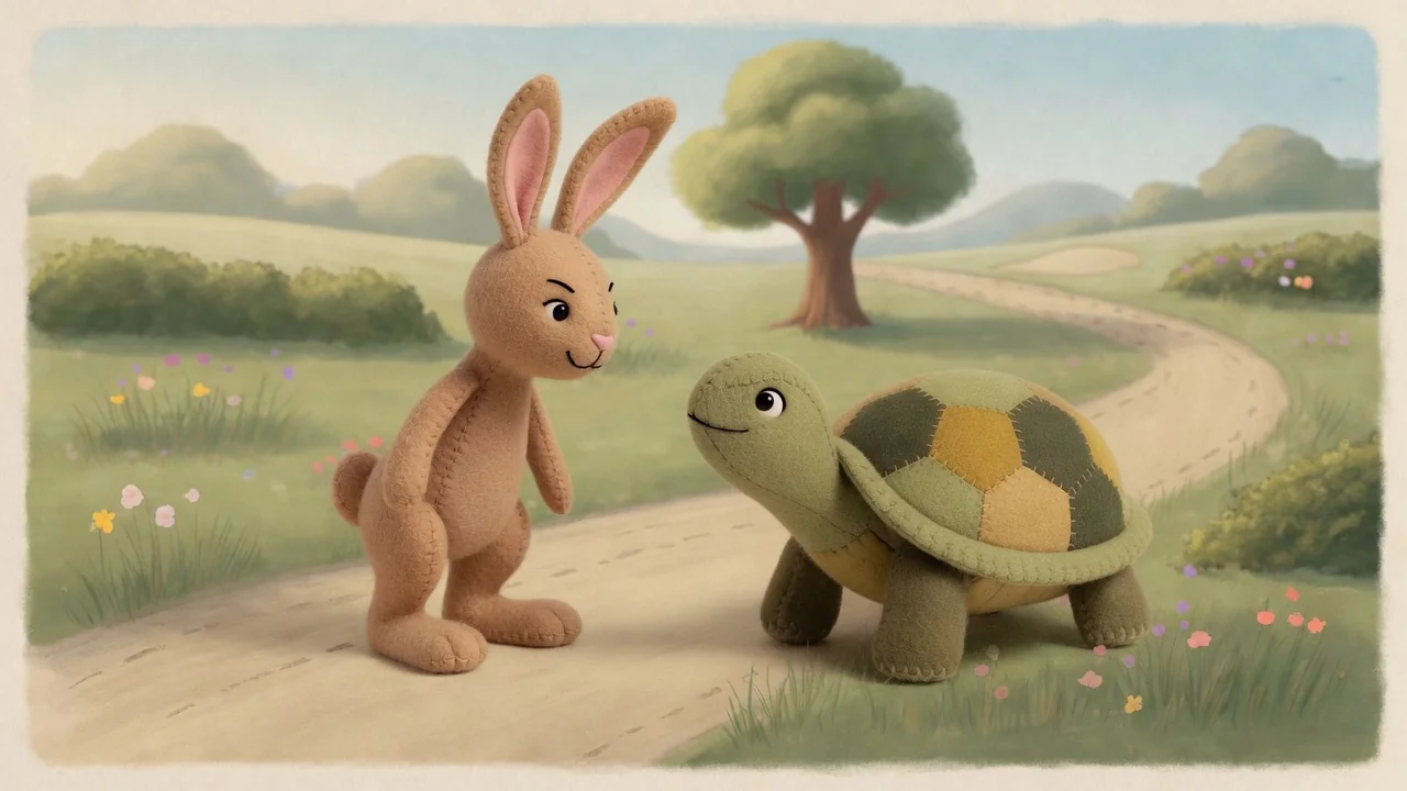 Hare teases Tortoise beside the winding meadow path.