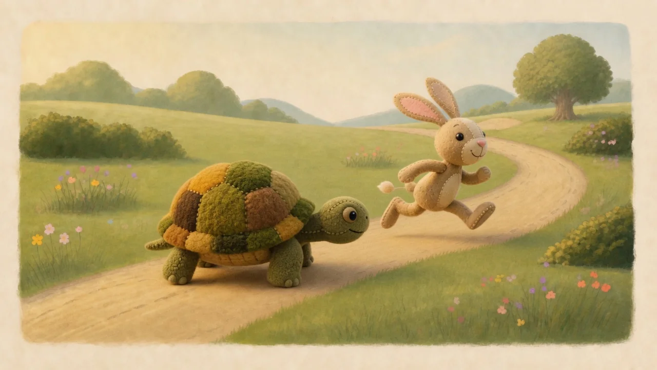 Hare races ahead while Tortoise follows steadily along the path.